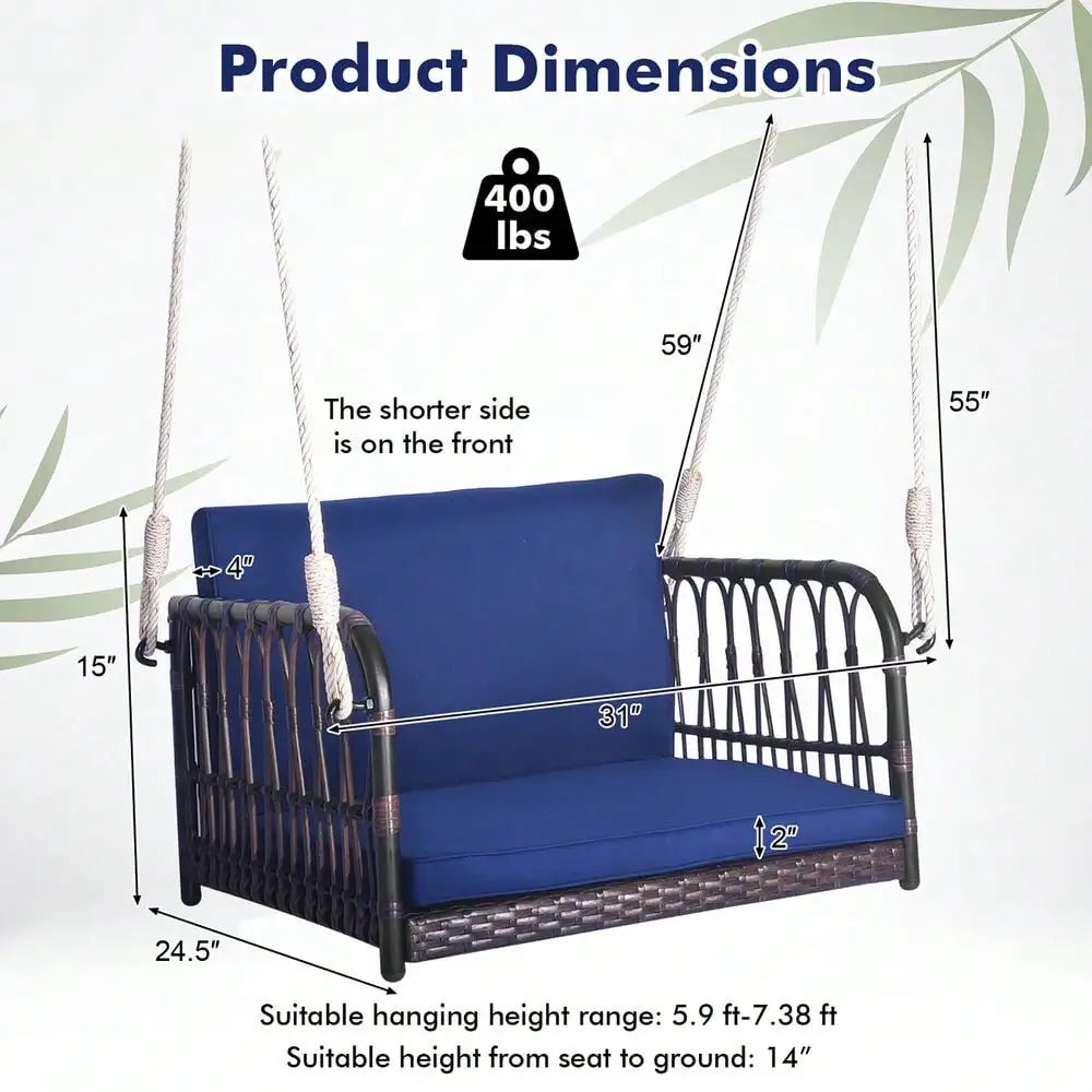 Patio Rattan Porch Swing Single Person Hanging Seat w/Seat & Back Cushions