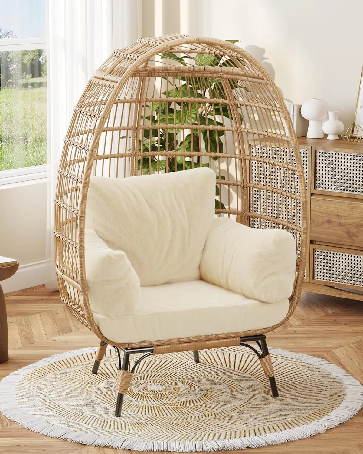 Outdoor Egg Chair, Oversized Patio Wicker Basket Chair for Balcony, Patio, Living Room, Lounge Chairs for Outside with Thick Cus