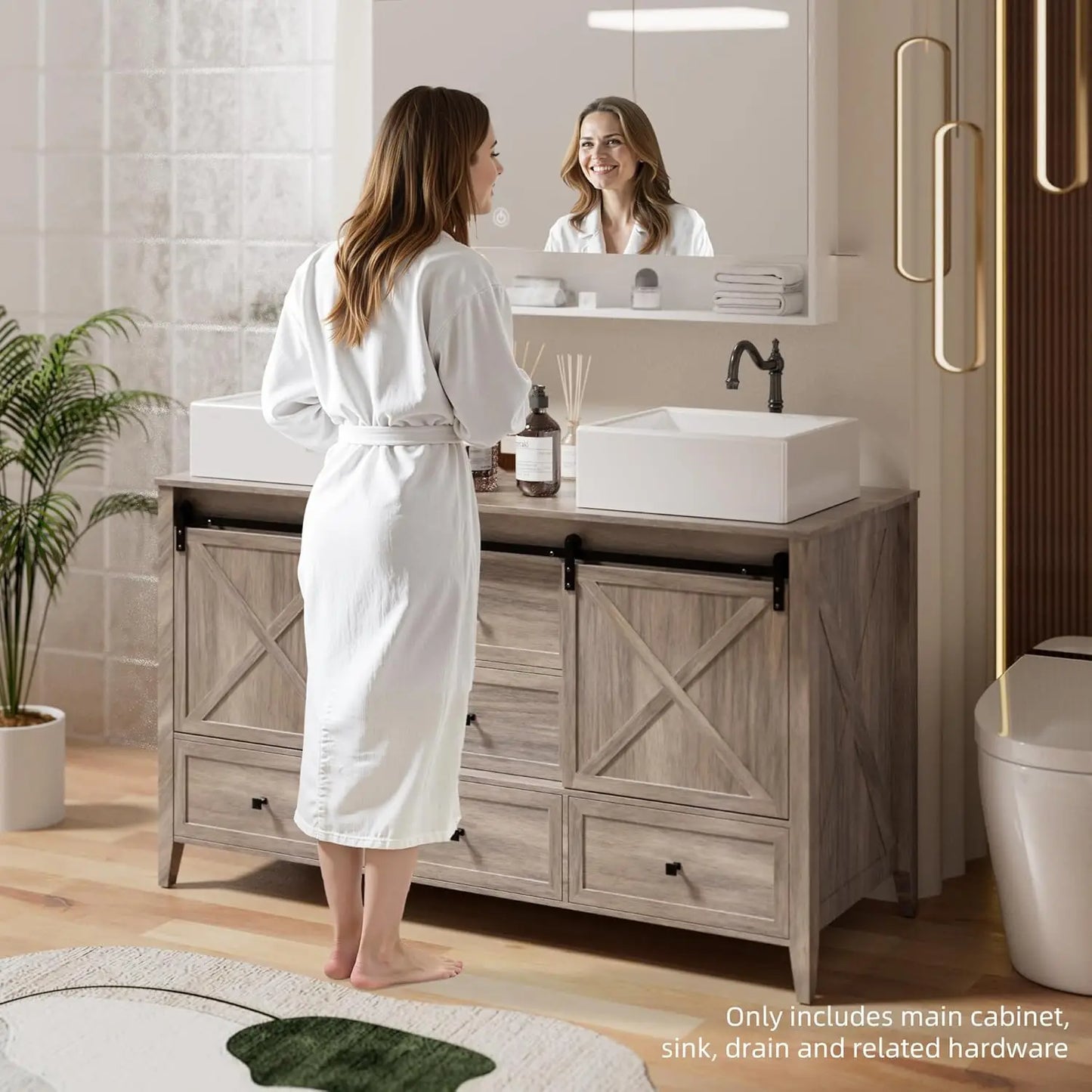 Bathroom Vanity with Sink - 60 Inch Bathroom Vanity Double Sink Ceramic, Freestanding Cabinet , Grey Wood Grain