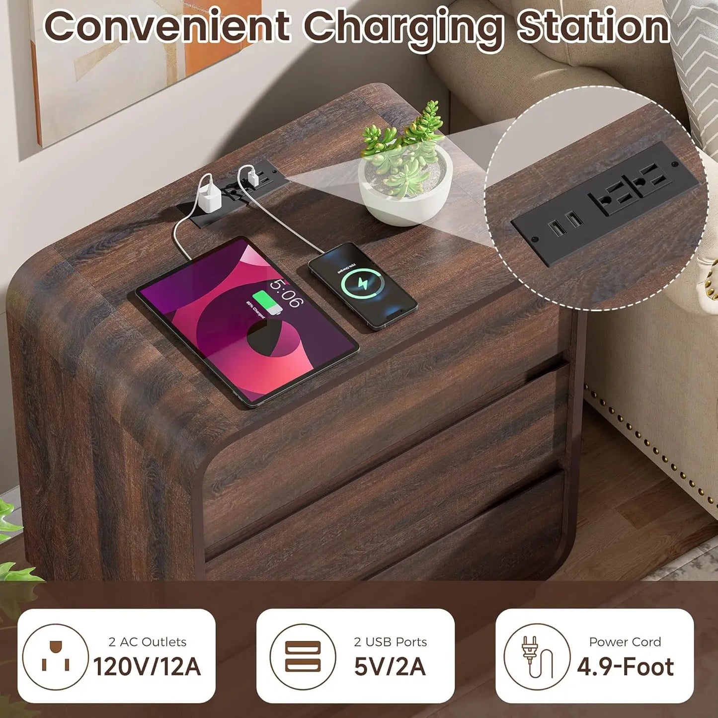 Walnut Curved Nightstand Set of 2, 23.2" Wide Wood Bedside Table with Charging Station, 3 Storage Drawers Night, Customized