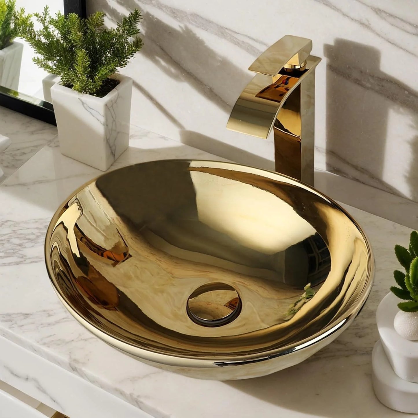 KEMAIDI Bathroom Vessel Sink Luxury Shiny Gold Ceramic Vanity Bowl Round Above Counter Basin for Bar and Cloakroom w/ Faucet Tap