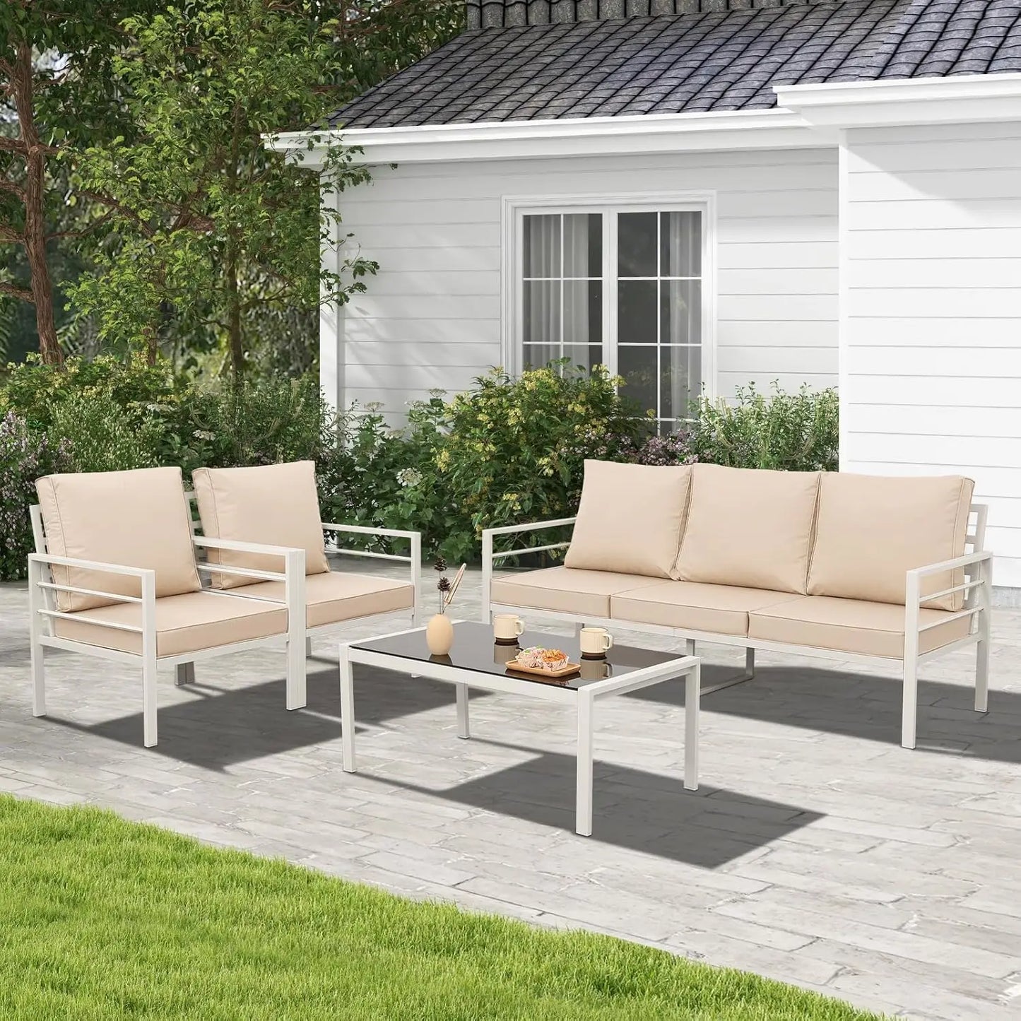 4-Piece Patio Furniture Set White Outdoor Metal Frame Sofa with High Backrest Seating Glass Coffee Table All-weather, Custom