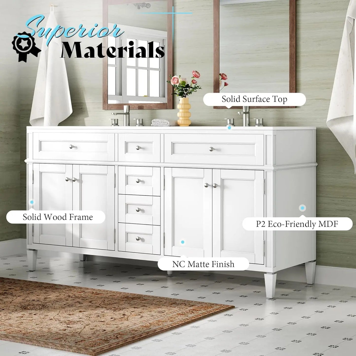 60″ Bathroom Vanity with Sink Combo, Solid Wood Vanity Cabinet with 3 Storage Drawers & Adjustable Shelves, White