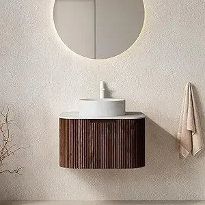 24 Inch Solid Wood Texture Floating Bathroom Vanity with Sink, Modern Wall-Mounted Striped Bathroom Storage Cabinet with White C