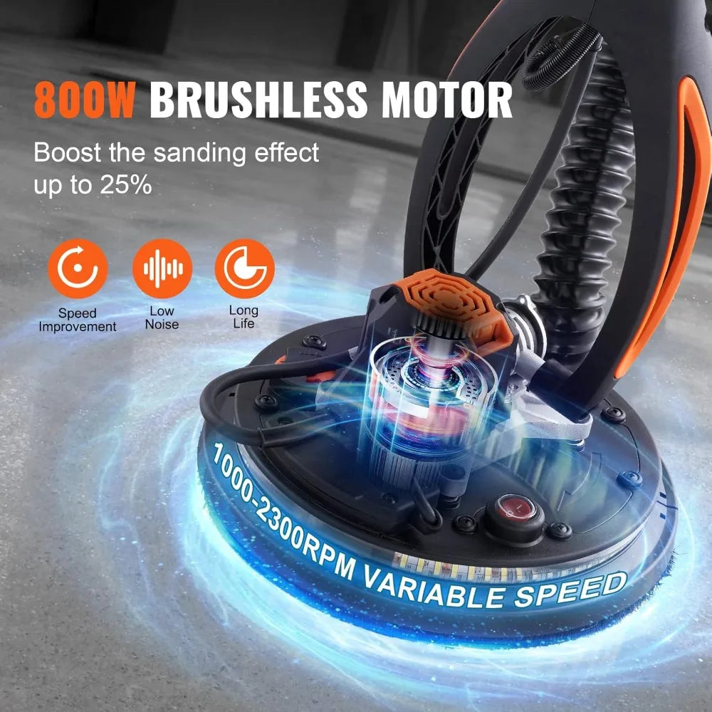 Electric Drywall Sander, 800W Brushless Motor, Variable Speed 1000-2300 RPM, Foldable with LED Lights and Extendable Handle