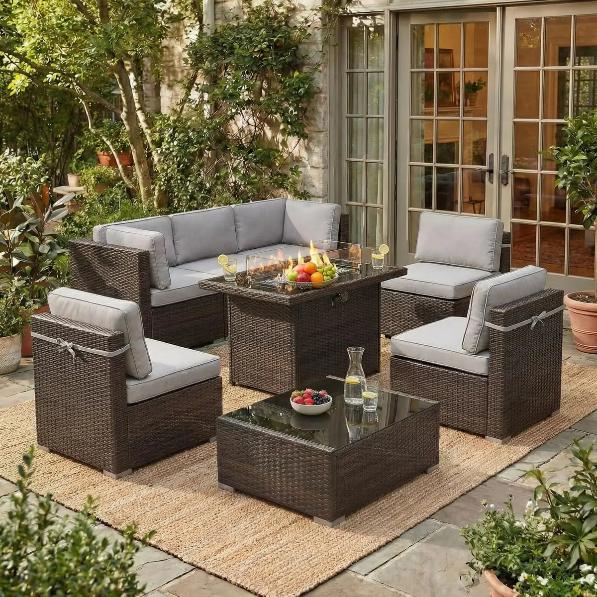 8 Piece Patio Furniture Set with Fire Pit Table, Outdoor Conversation Sets Wicker Rattan Sectional Sofa with Coffee, Custom