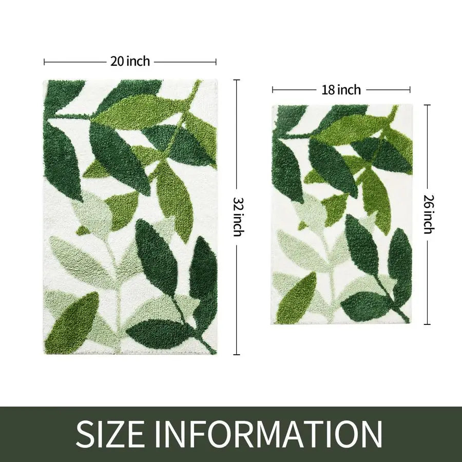 Green Bathroom Rug Set 2 Piece, NonSlip Strong Water Absorbent Plush Microfiber Bath Mat Rug Set, Machine Washable Bathroom Floo