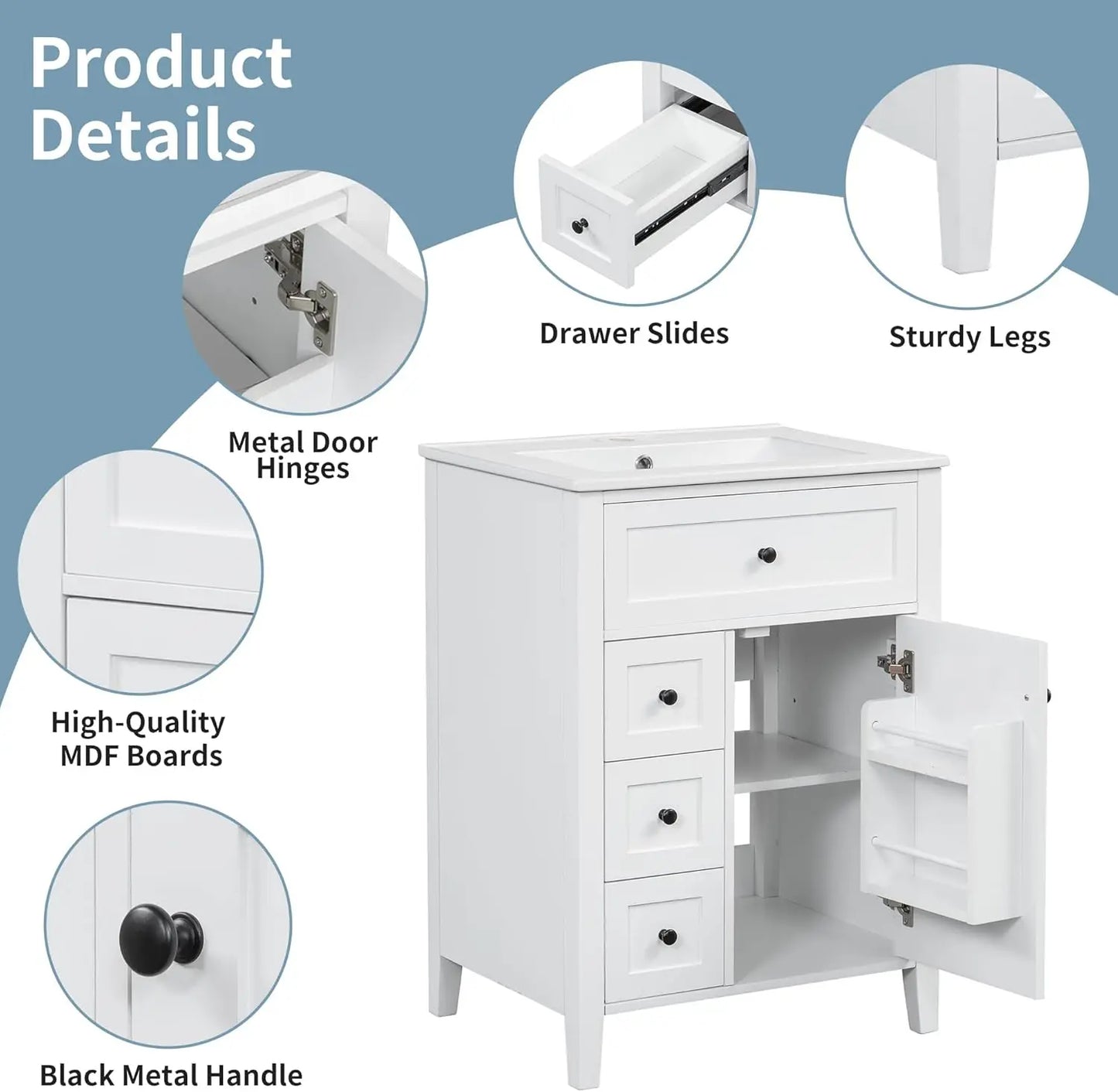 24 Inch White Bathroom Vanity Sink Combo Solid Wood Frame Storage Cabinet 3 Drawers Tip Out Drawer Adjustable Shelves Soft Closi