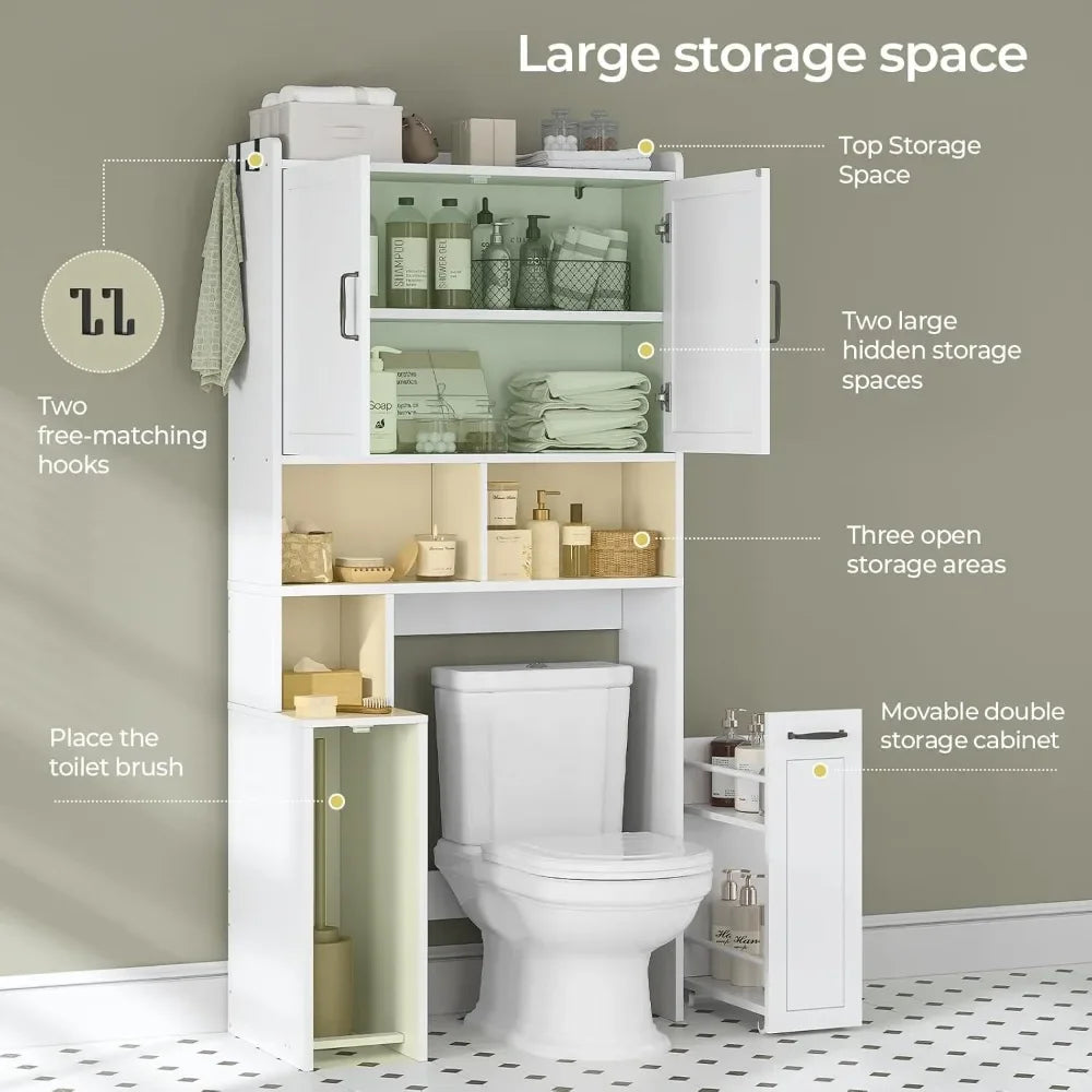Storage Cabinet Above The Bathroom with Pulley, Small Bathroom Storage Cabinet with Adjustable Shelf and Open Bathtub Shelf
