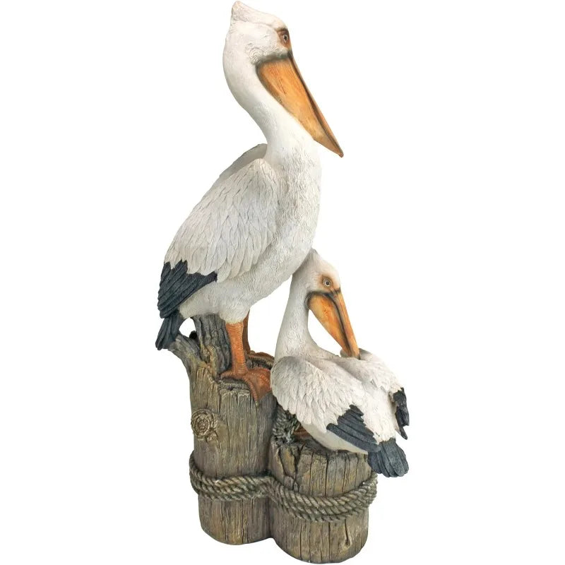 Coastal Decor Ocean's Perch Pelicans Garden Bird Statue, 9 Inch Wide, 24 Inch Tall, Cast Stone Resin, Full Color