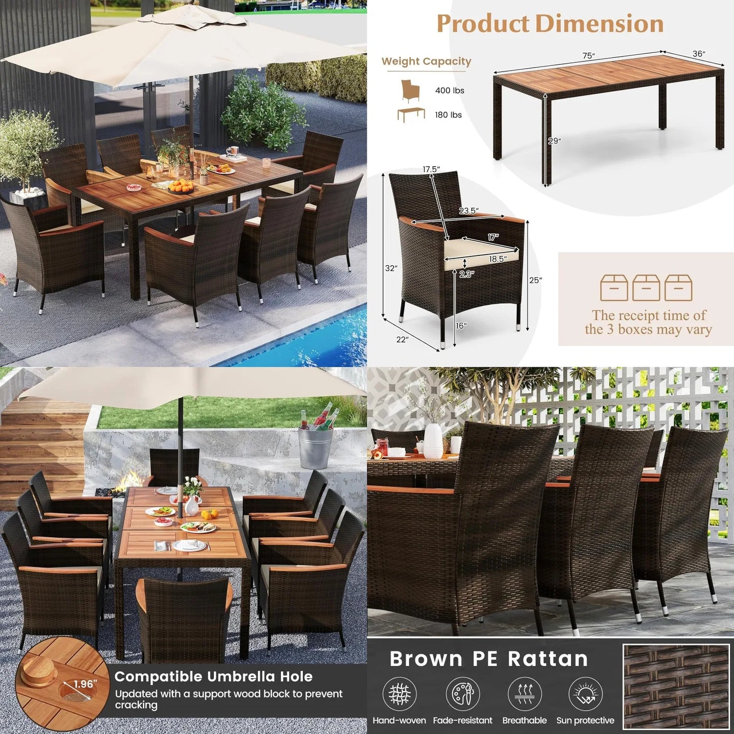 75"x36" Acacia Wood Patio Dining Table Set with PE Rattan Chairs Umbrella Hole Deck Backyard Customized