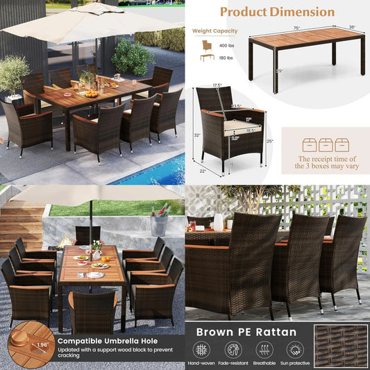 75"x36" Acacia Wood Patio Dining Table Set with PE Rattan Chairs Umbrella Hole Deck Backyard Customized