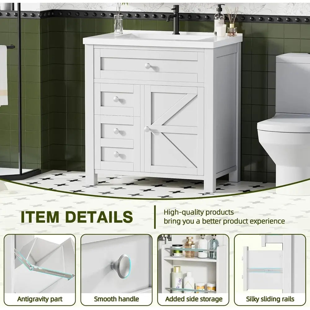 30-inch White Freestanding Bathroom Vanity with Single Sink, 2 Drawers, 1 Drop-Down Drawer, and Side Storage Cabinet
