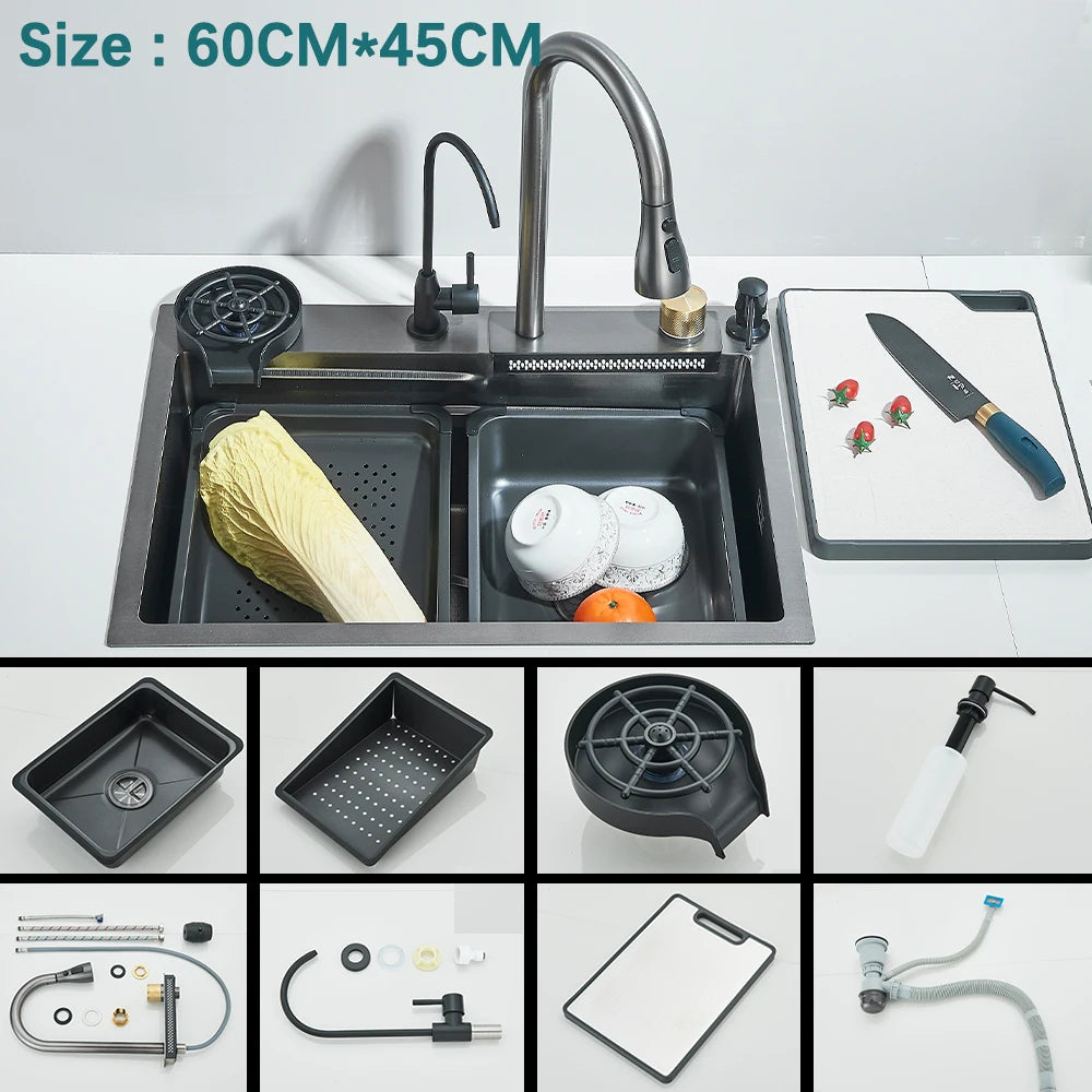 Multifunctional Kitchen Waterfall Sink Digital Display Large Single Gray Sink Dish Basin Sink 304 Stainless Steel
