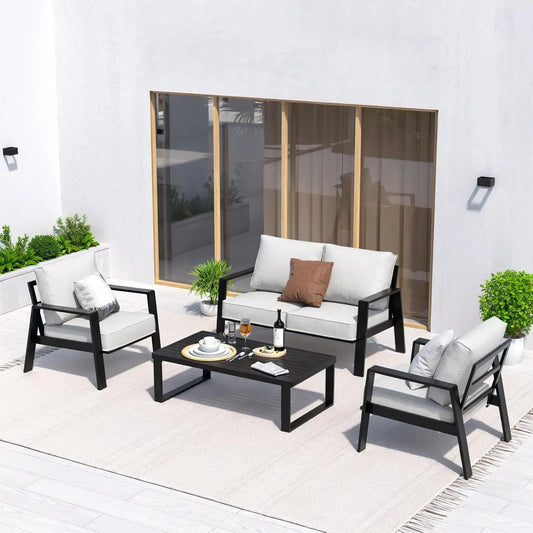 Aluminum 4 Piece Sectional Outdoor Furniture Set with Coffee Table Thick Cushions for Patio Porch Balcony Garden, Customized