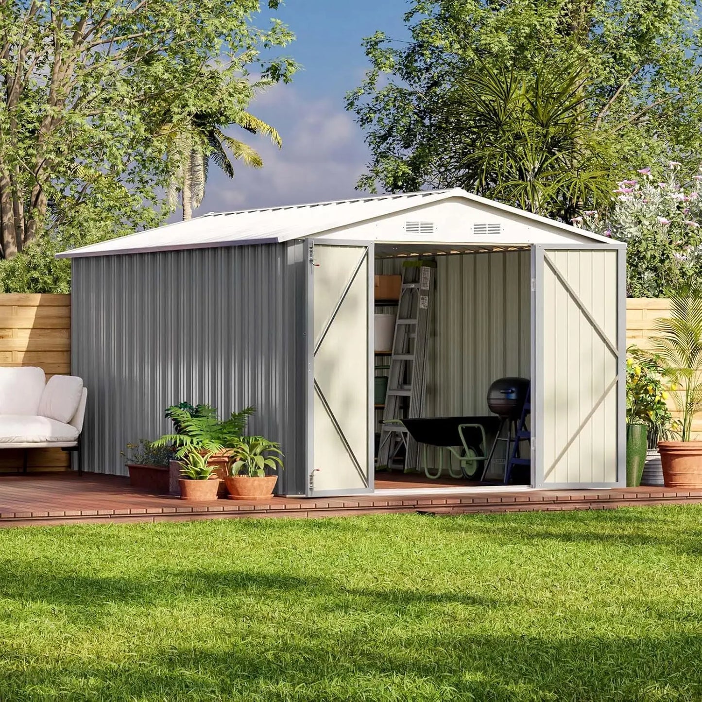 12x8 FT Outdoor Metal Storage Shed Lockable Door Tool Garden Backyard Patio Gray, Custom