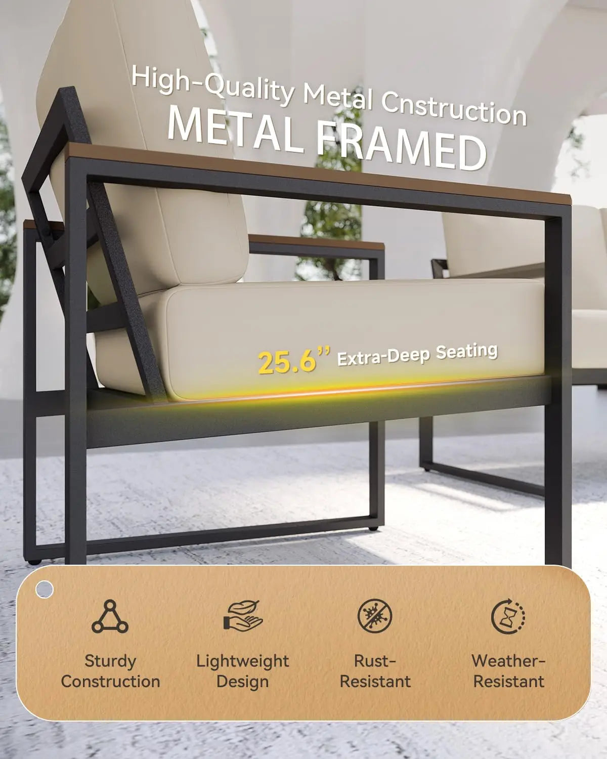 4 Piece Modern Metal Outdoor Patio Furniture Set with Thick Cushions for Conversation, Custom
