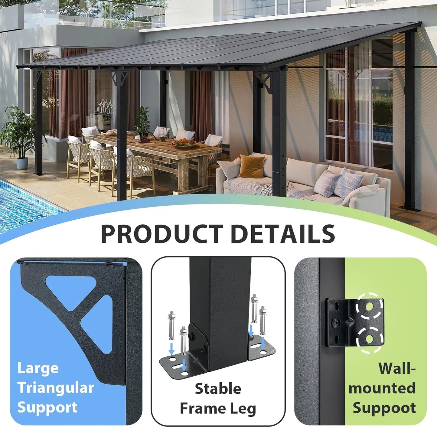 20x10 Wall-Mounted Gazebo Pergola Sloped Roof Heavy Duty Outdoor Backyard Patio Deck Custom