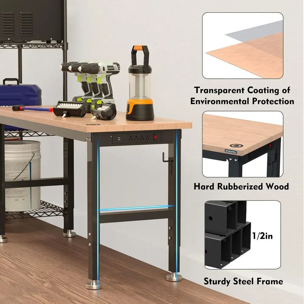 60 Heavy-Duty Adjustable Workbench with Rubber Wood Top, 2000 LB Load Capacity, Power Outlets for Workshop or Garage