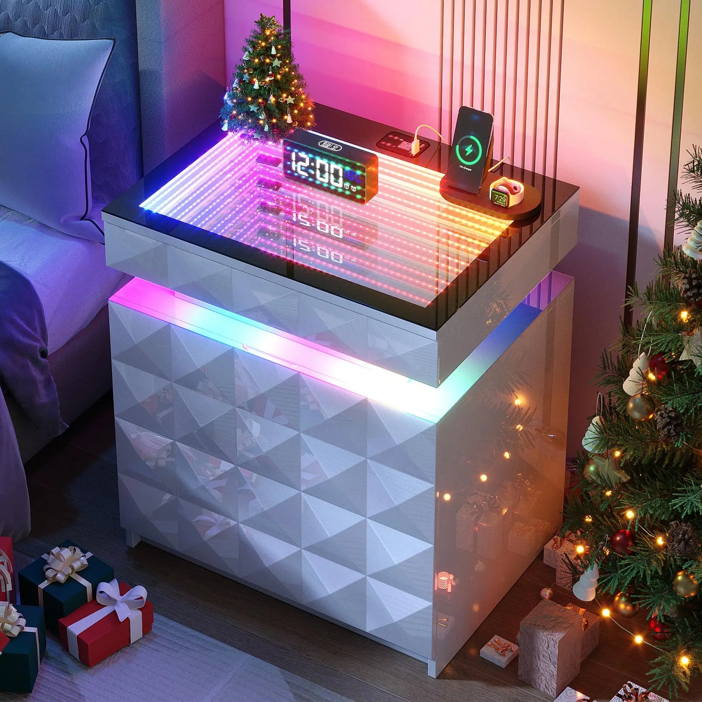 Dystler Night Stand with Charging Station and RGB Lights, LED Nightstand Tempered Glass and Sliding Top, 3 Drawers Bedside Table