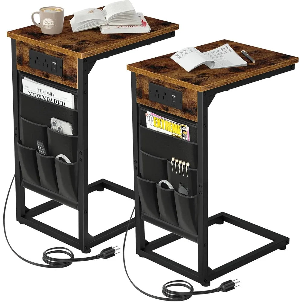 C Shaped End Table With Charging Station, TV Tray Set Of 2, Couch Tables With Storage Bag, Slide Under Sofa Side