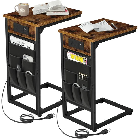 C Shaped End Table With Charging Station, TV Tray Set Of 2, Couch Tables With Storage Bag, Slide Under Sofa Side