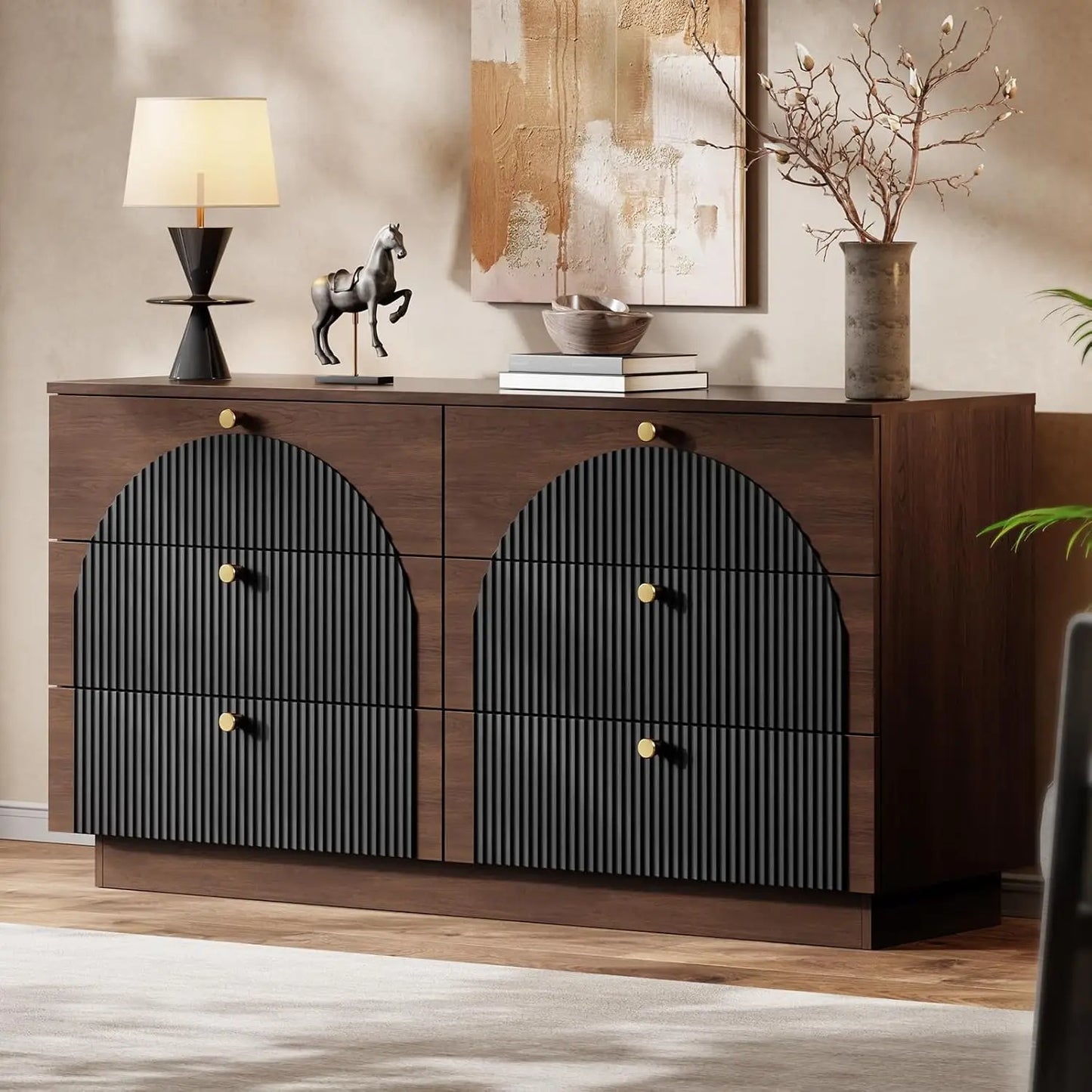 Arched Fluted 6 Drawer Dresser 55in Wood Storage Chest Mid Century Bedroom Living Room Hallway Custom