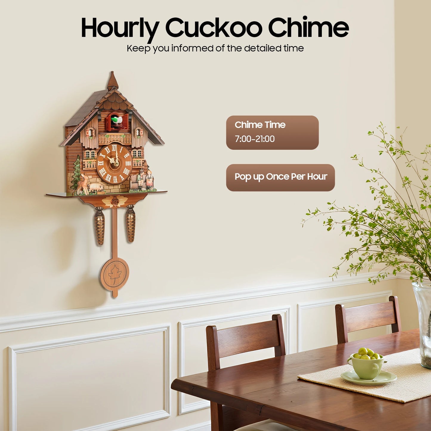 Vintage Cuckoo Wall Clock with Bird Chime, Nordic Decor Wooden Wall Clock, Hanging Wall Clock Decoration 25*10*50cm