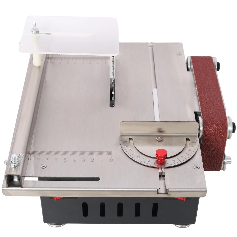 Mini Table Saw,Belt Sander, stainless steel top,4pcs Blades,10pcs Sanding Blet,7 Gear Adjustable 0-90° Angle, Available for Wood