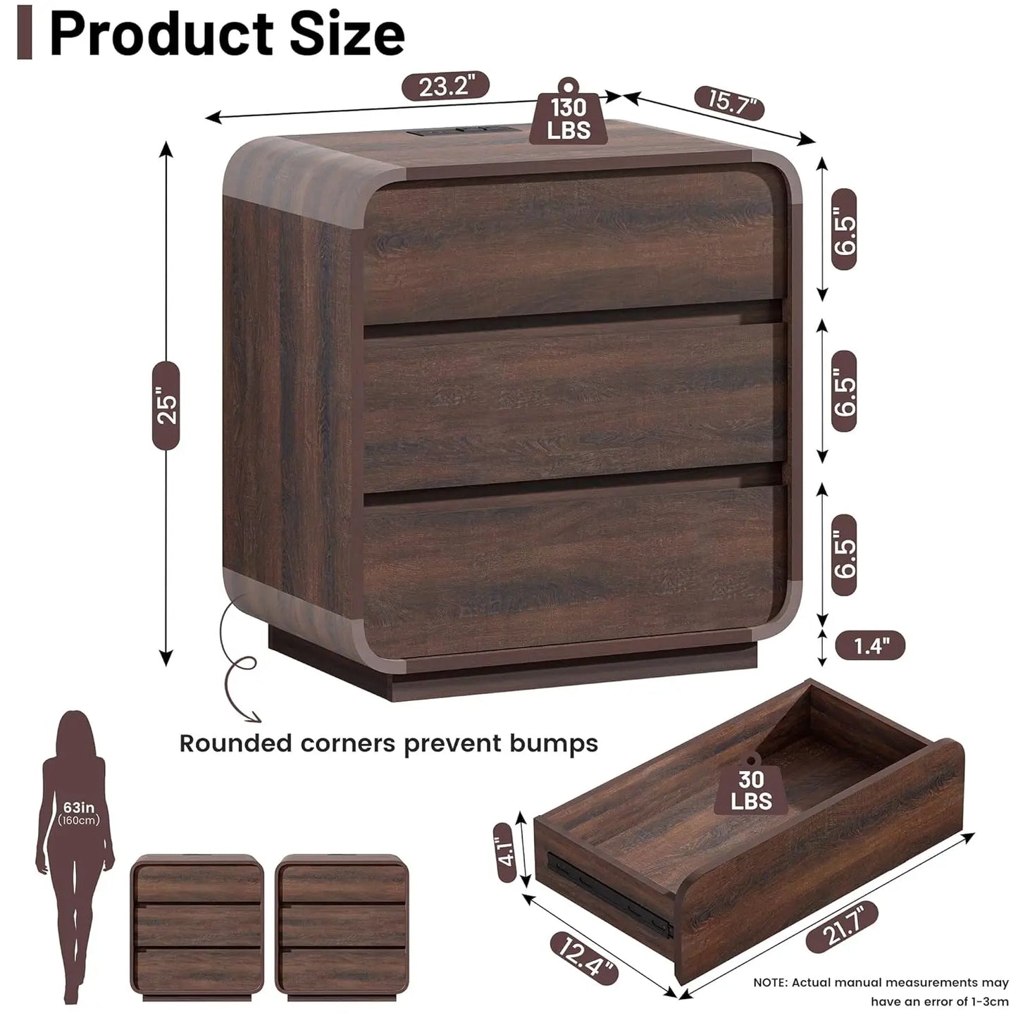 Walnut Curved Nightstand Set of 2, 23.2" Wide Wood Bedside Table with Charging Station, 3 Storage Drawers Night, Customized