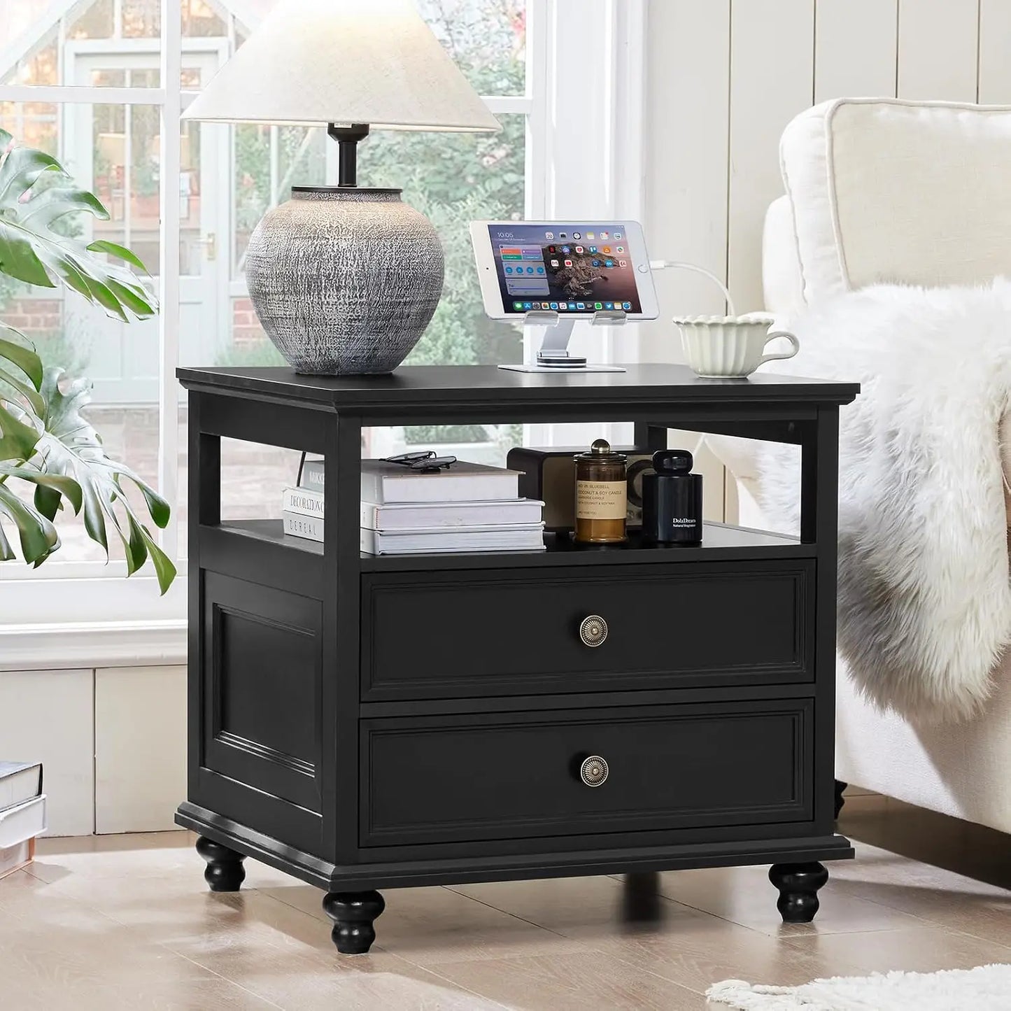 24" Wide Farmhouse Wood Nightstand Charging Station 2 Drawers Bedroom End Table, Custom