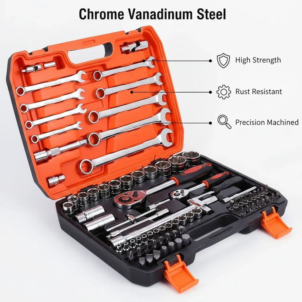 82-Piece Chrome Vanadium Steel Ratchet Wrench Socket Tool Set for Vehicle Repair - Ideal for DIY Enthusiasts, Mechanics, and Car