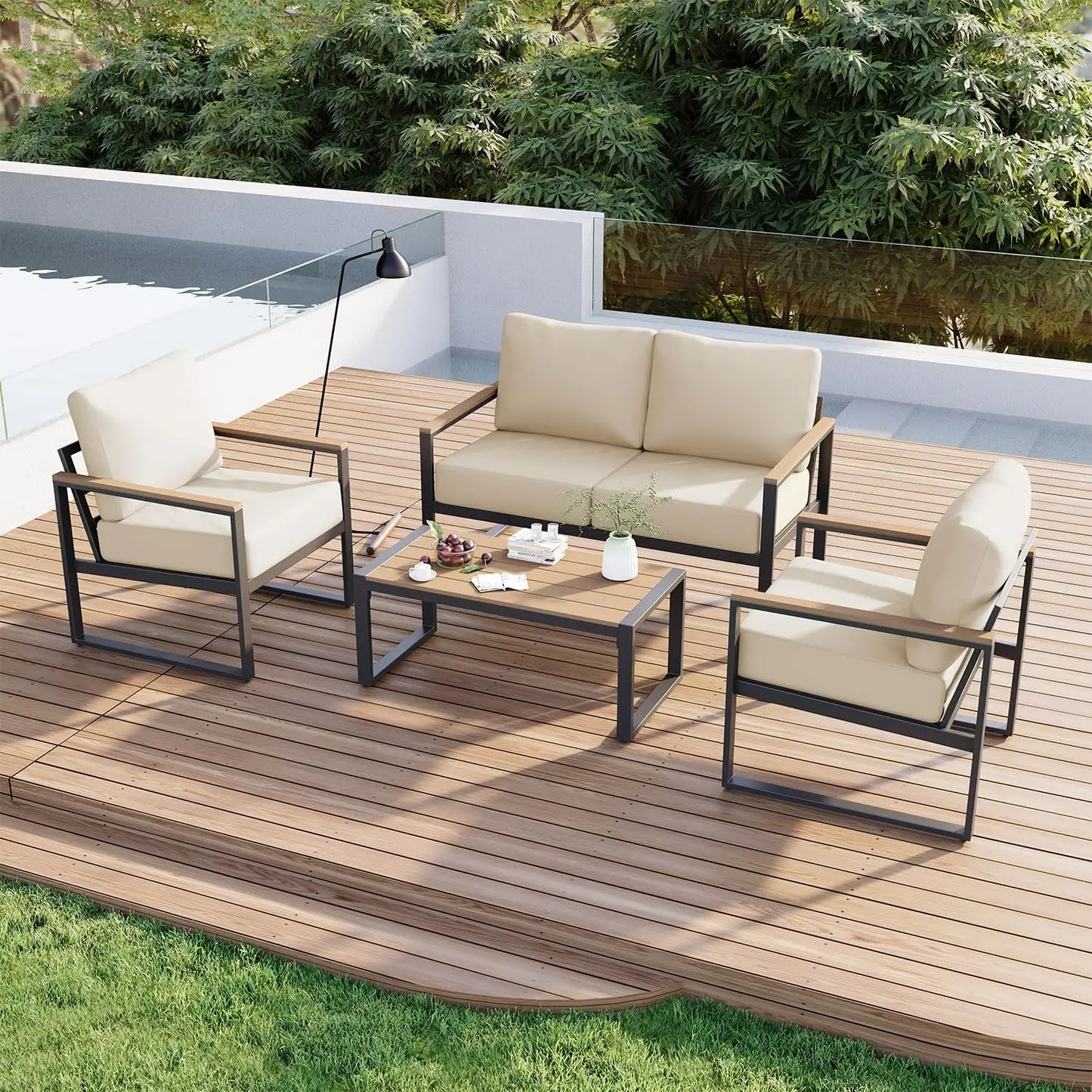 4 Piece Modern Metal Outdoor Patio Furniture Set with Thick Cushions for Conversation, Custom