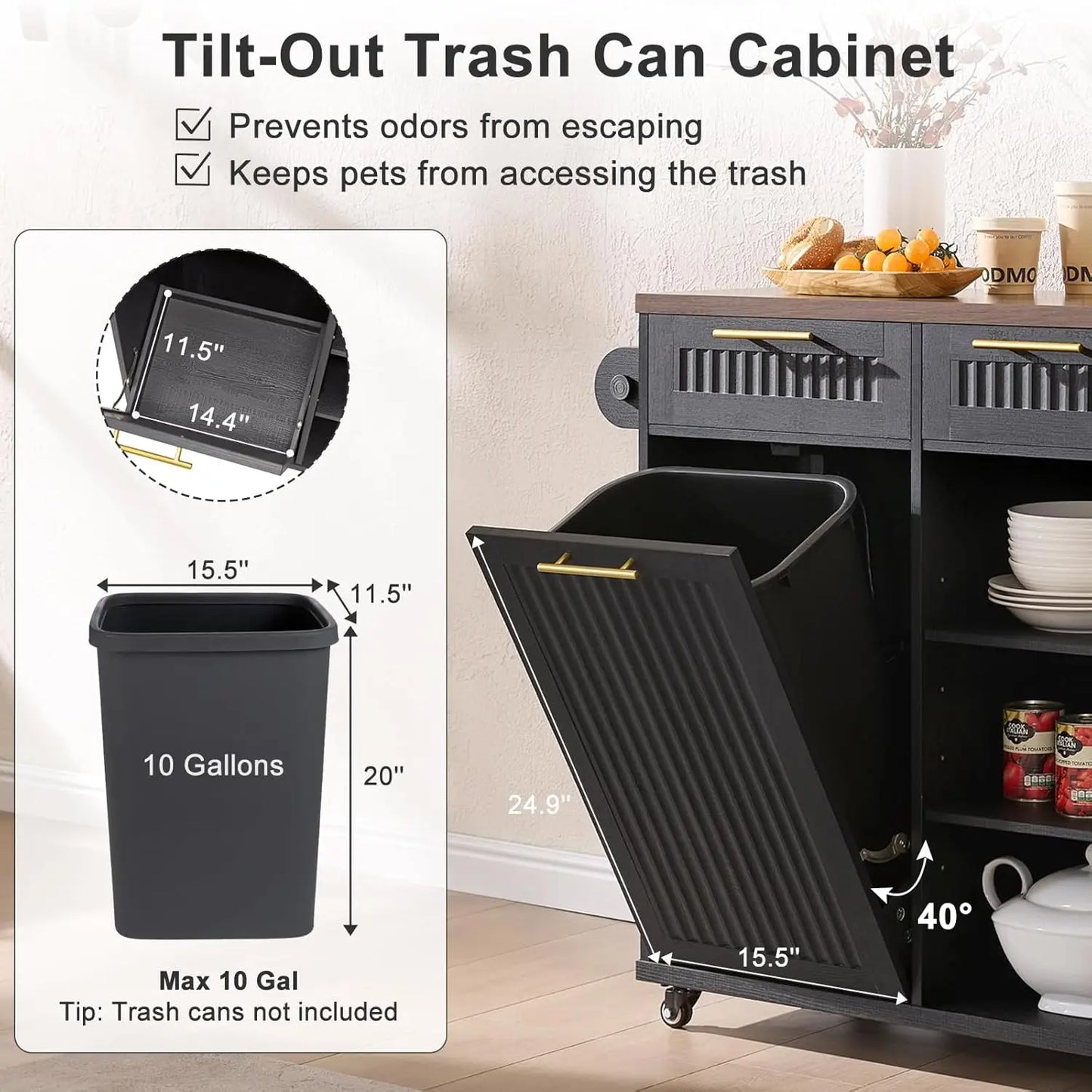 57" Kitchen Island with Storage — Kitchen Rolling Island with Trash Can Storage Cabinet, Power Outlet & Drop Leaf,, Customized