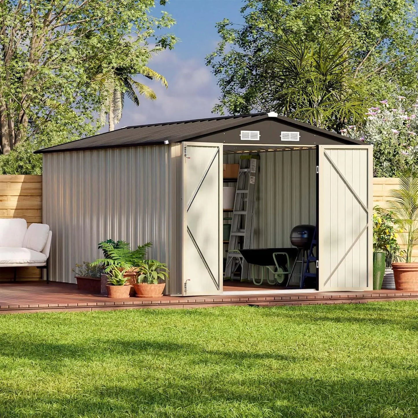 12x8 FT Outdoor Metal Storage Shed Lockable Door Tool Garden Backyard Patio Gray, Custom