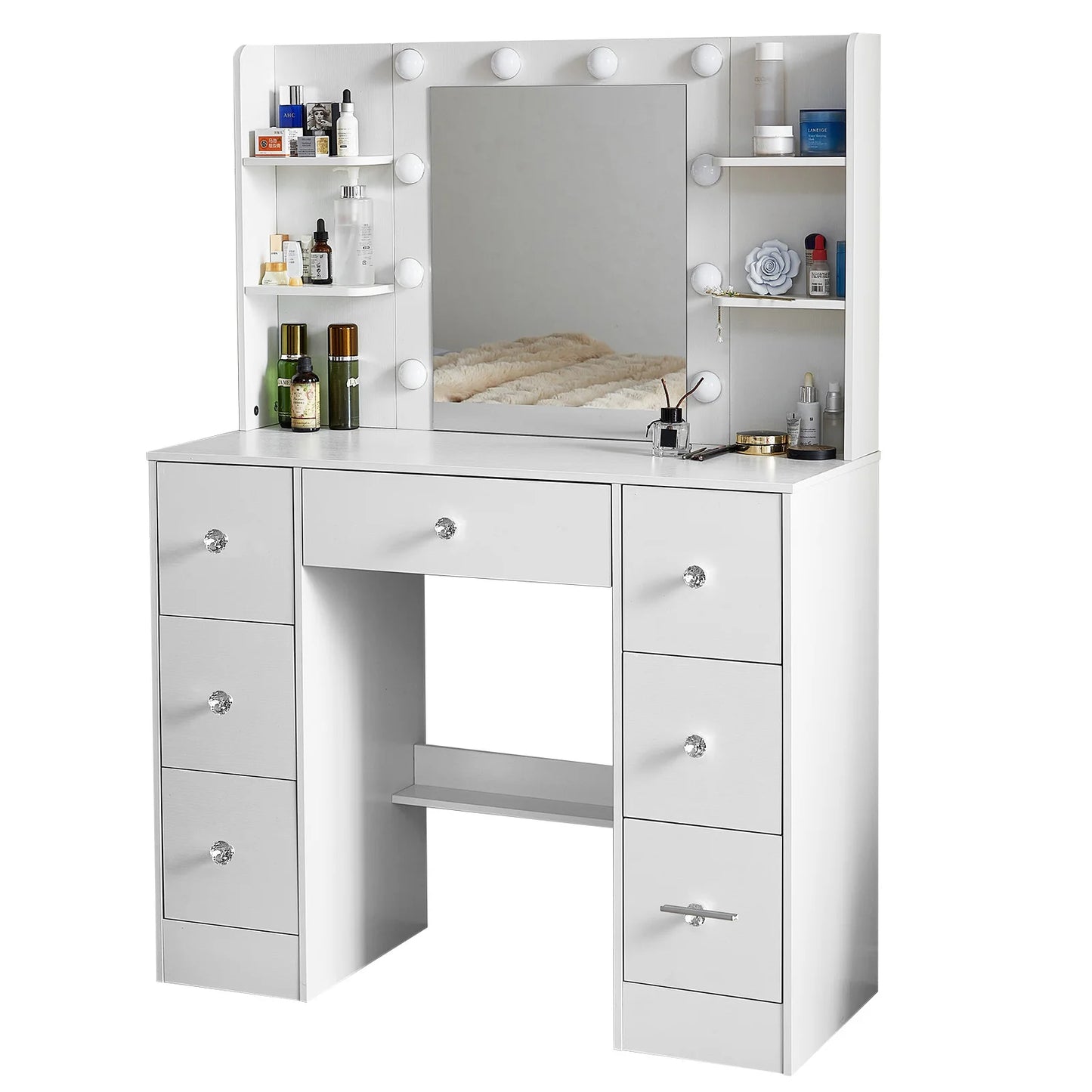 LED Mirror Makeup Table Set, 3-Color Light Dressing Vanity Desk with USB Charging Port & Storage Drawer, Modern Girl Bedroom Furniture Gift