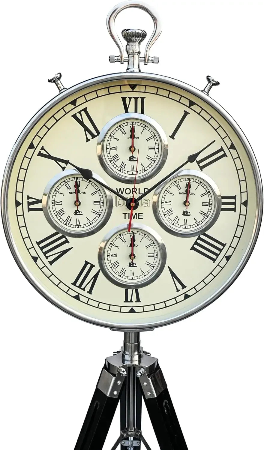 Vintage Tripod Floor Standing World Time Clock – Roman Numerals | Classic Metal Design | Home & Office Decor