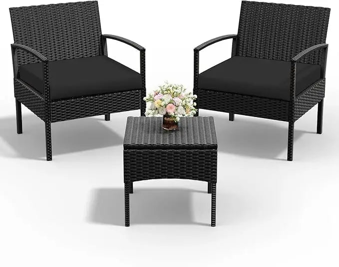 4 Piece Outdoor Wicker Patio Conversation Furniture Set, Rattan Chair Wicker Sofa Garden Conversation Sets with Cushion and Gla