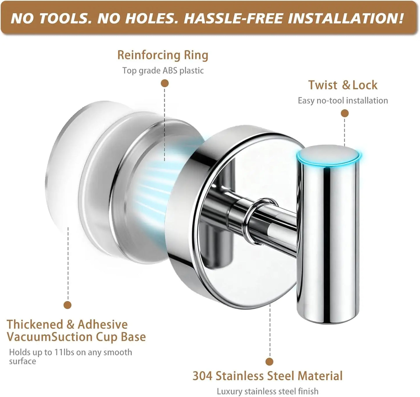 Suction Cup Hooks for Shower, Heavy Duty Up to 11 lbs, No Damage Removable Towel Holder for Bathroom, Kitchen, Glass, Tile