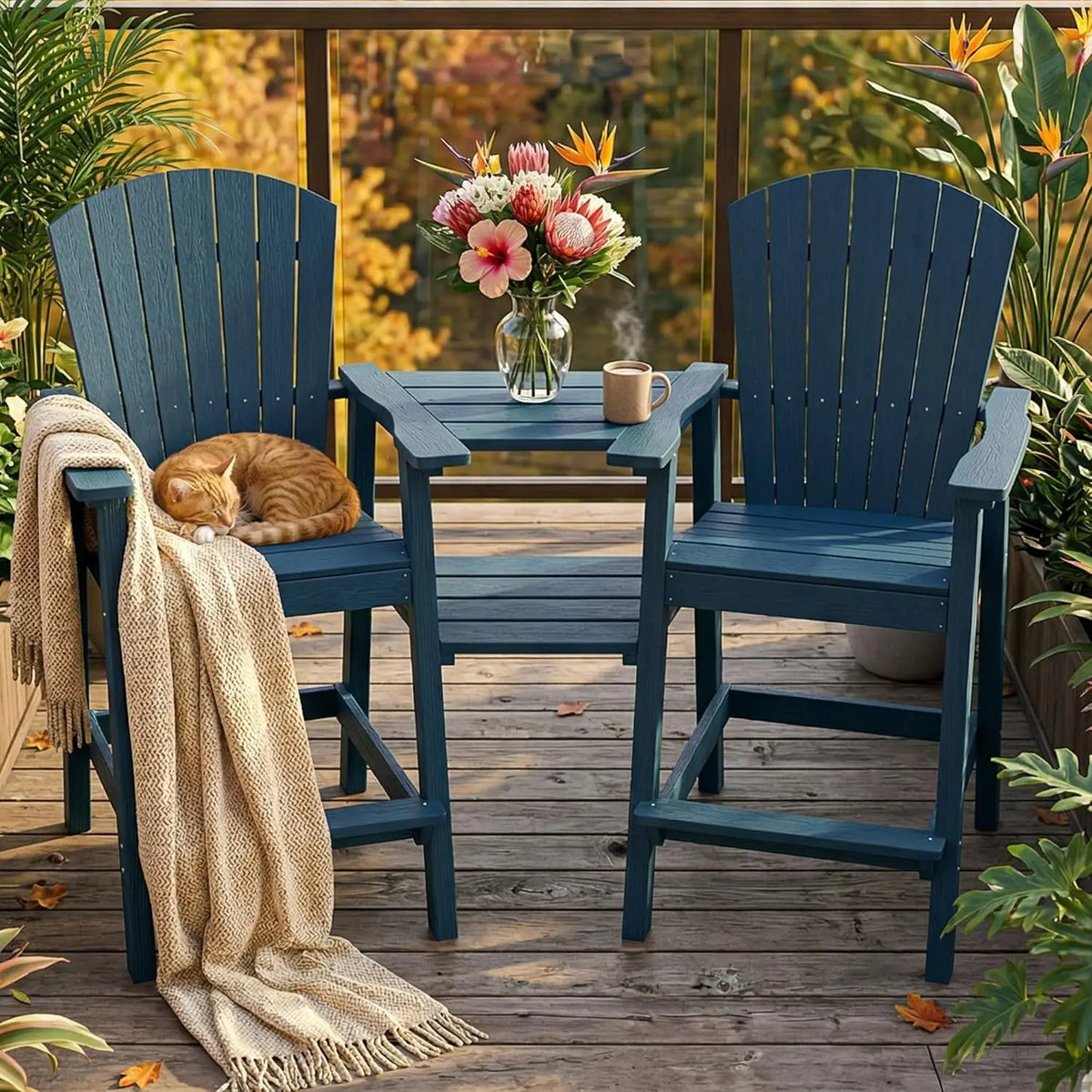 Tall Adirondack Chair Set HDPE All Weather Bar Height Double Connecting Tray Umbrella Hole Balcony Patio Backyard Navy, Custom