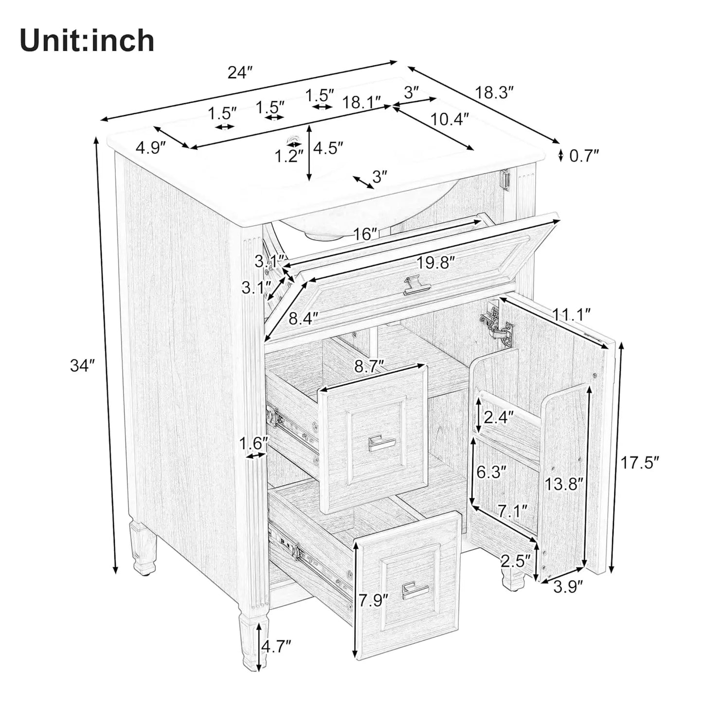 24-inch Bathroom Vanity with Sink Combo, Free-Standing Single Bathroom Storage Cabinet with One Flip Drawer,, Customized