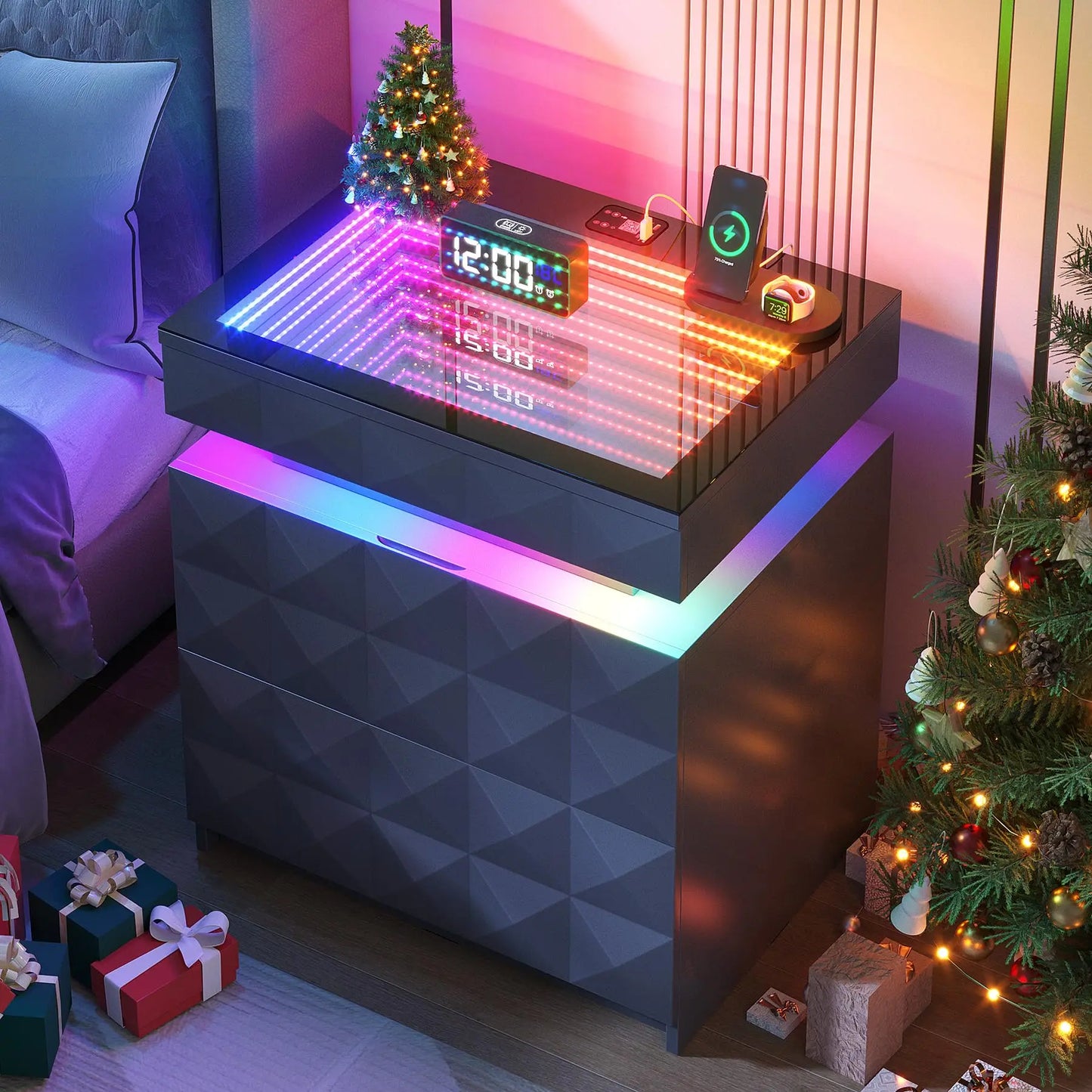 Dystler Night Stand with Charging Station and RGB Lights, LED Nightstand Tempered Glass and Sliding Top, 3 Drawers Bedside Table