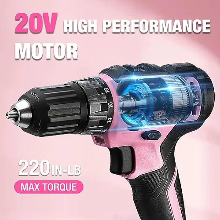 20V Pink Cordless Drill Driver and Home Tool Set with 141PCS Hand Tools for DIY Projects Home Maintenance and Repairs I