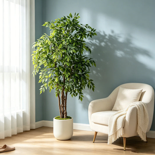 160cm Artificial Ficus Tree with White Planter, Realistic Faux Silk Indoor Outdoor Plant for Home Office Living Room, Porch, Garden Decor