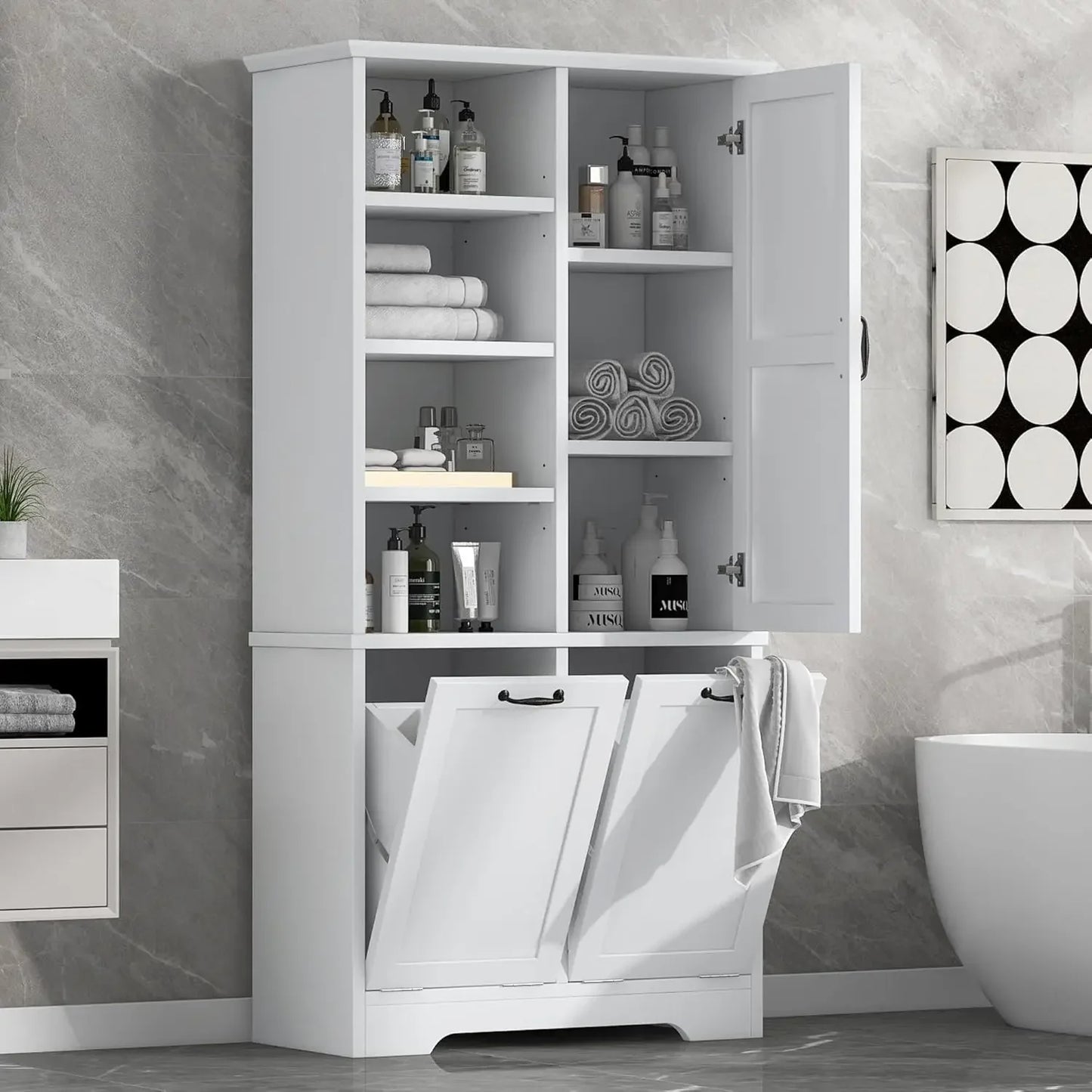 68” Tall Bathroom Storage Cabinet with 2 Tilt Out Laundry Hamper, Freestanding Bathroom Storage Cabinet with Door and Adjustable