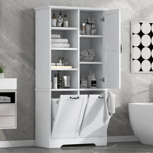 68” Tall Bathroom Storage Cabinet with 2 Tilt Out Laundry Hamper, Freestanding Bathroom Storage Cabinet with Door and Adjustable