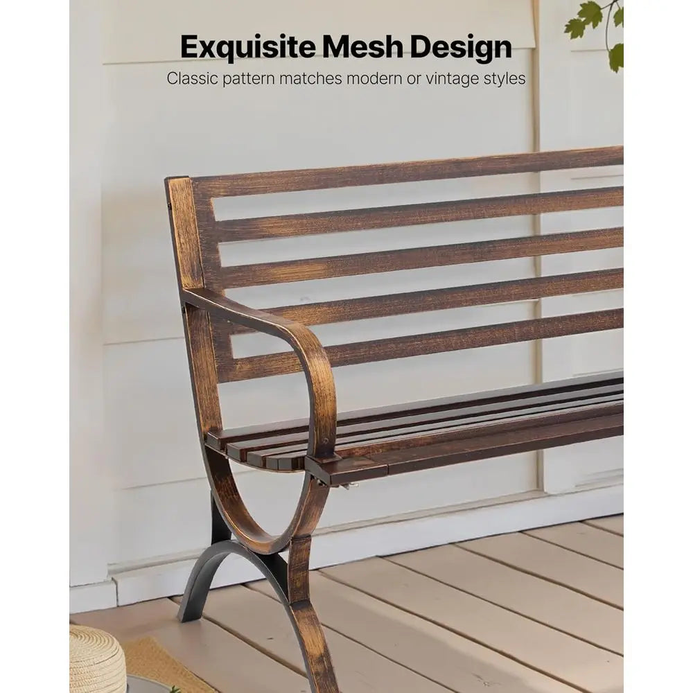 50 Carbon Steel Outdoor Bench with Slatted Backrest, Weatherproof for Patio, Garden, Antique Bronze