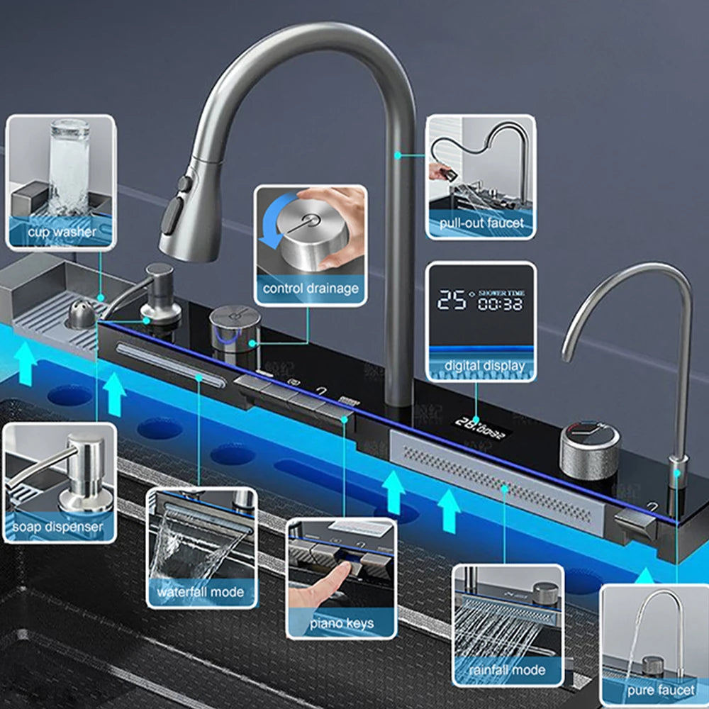 Multifunctional Kitchen Waterfall Sink Digital Display Large Single Gray Sink Dish Basin Sink 304 Stainless Steel