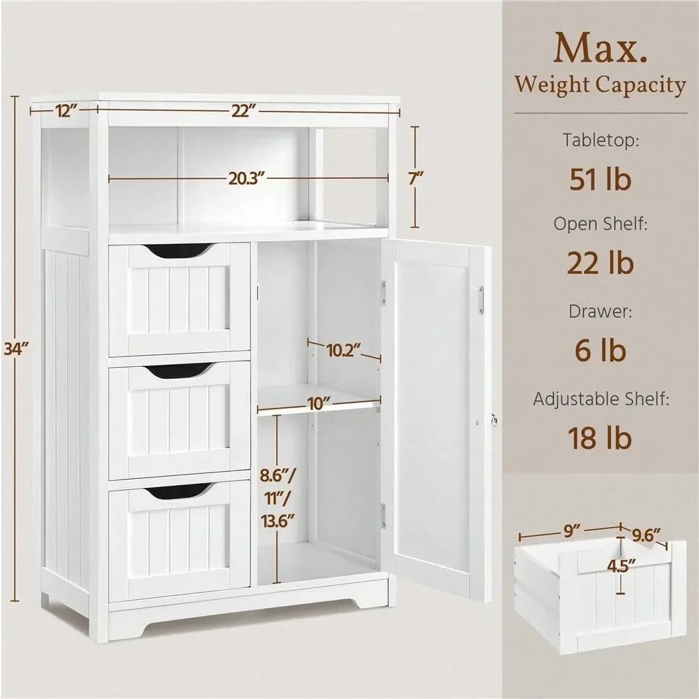 Modern Wooden Bathroom Floor Cabinet Wiht Adjustable Shelf, Multiple Tiers Storage Cabinet With Door 3 Drawers, For Kitchen, Li