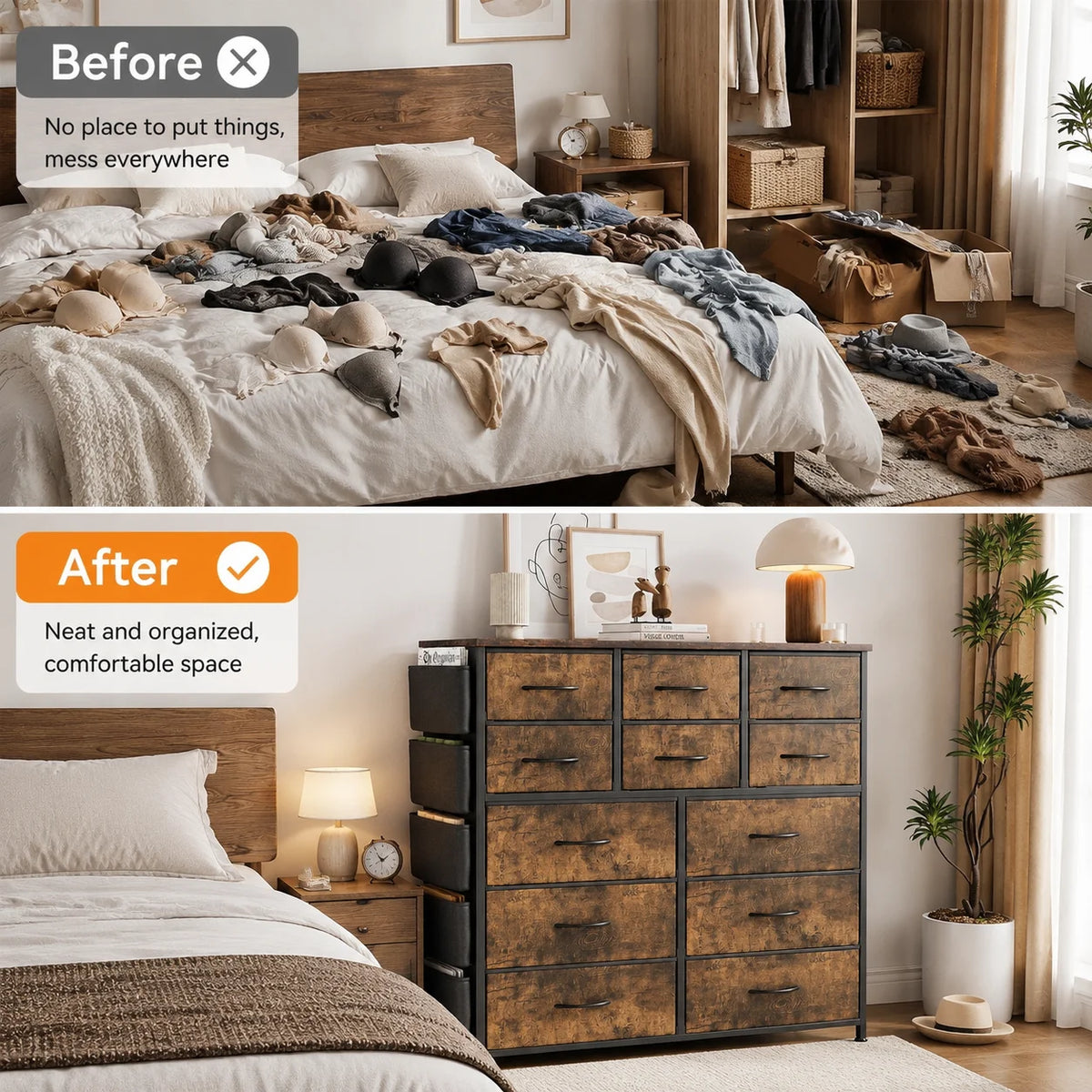 12 Drawer Dresser for Bedroom Fabric Storage Chest with Wood Top Steel Frame Side Pockets Hooks Organizer Cabinet for Living Room Entryway Bathroom Rustic Brown